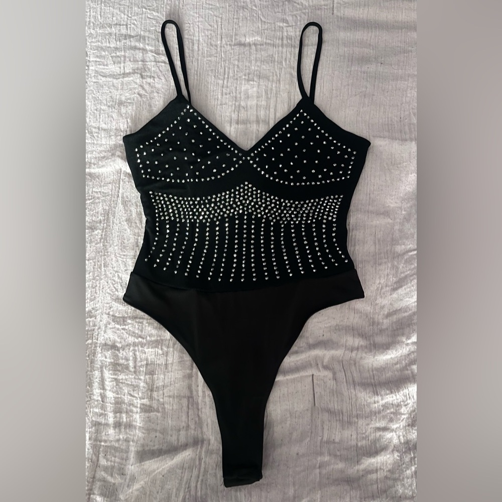 SHEIN Black Embellished Bodysuit with V-Neck